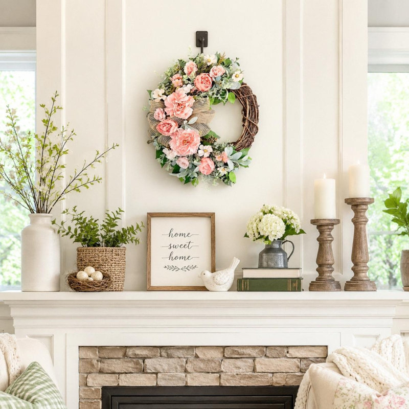 Couronne de printemps 15,75 pouces pour porte d'entrée, pivoine artificielle et couronne florale d'hortensia