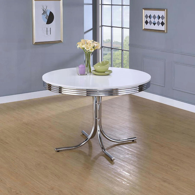 Table de salle à manger ronde style années 50 avec rebord chromé - blanc et chrome, H 42 po x 30 po