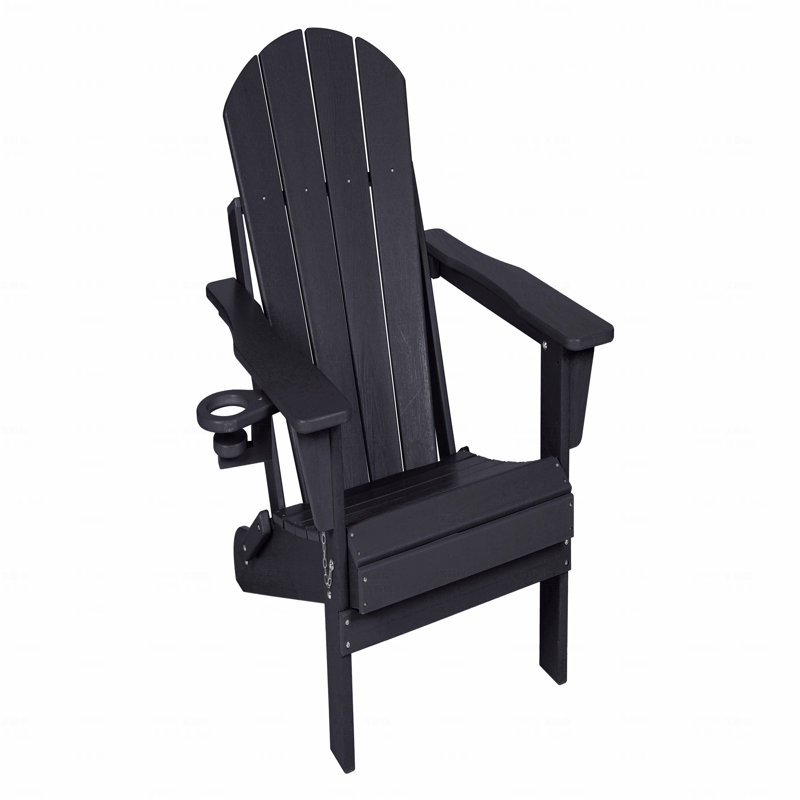Outdoor Adirondack Chair, Foldable With Dual Cup Holder, Composite Material With Wood Texture, Black, Black