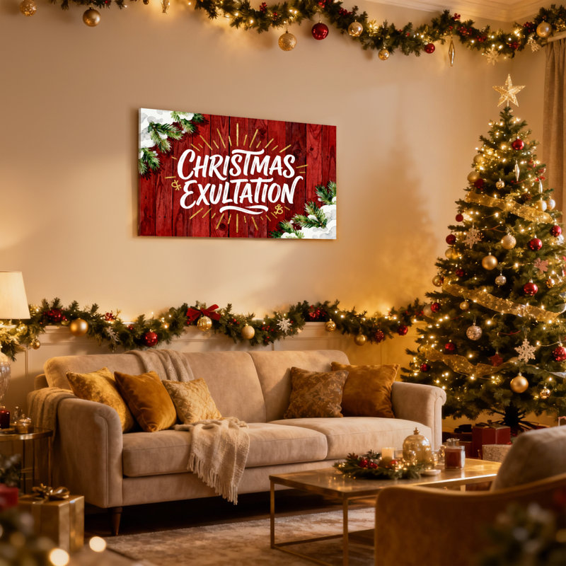 «Christmas Christmas Exultation», fond de bois, branches de pin, ensemble de 3 flocons de neige, H 20 po x l 30 po