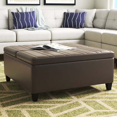 Ellis 36"W Upholstered Vegan Leather Modern Square Coffee Table Storage Ottoman with Split Lift-Top by Simpli Home