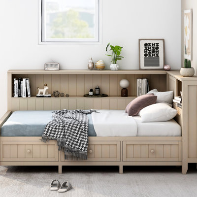Twin Size Daybed With Storage, 3 Drawers, Antique White Finish, Construction, No Box Spring Storage Shelves And White, Needed
