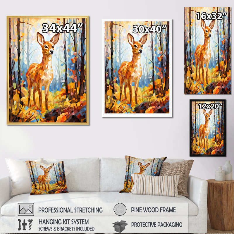 «Deer Mosaic Forest Wildlife», reproduction sur toile, Cadre flottant noir, H 20 po x l 12 po x P 1 po