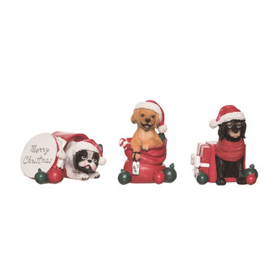 Ensemble de 3 figurines en résine chiot de Noël avec cadeau