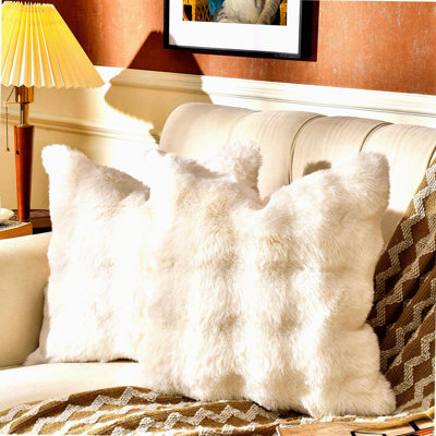 Cozy Rabbit Fuzzy Pillow Covers Set - Super Soft 3D Dense Cushion Case for Couch Sofa Bedroom - Pack of 2 - Cream White