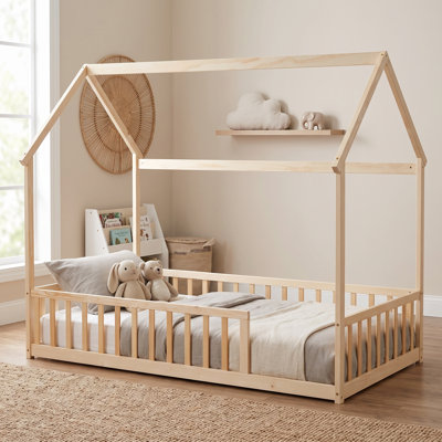 Solid Wood Canopy Bed Kids Bed House Style Floor Bed With With Guardrails