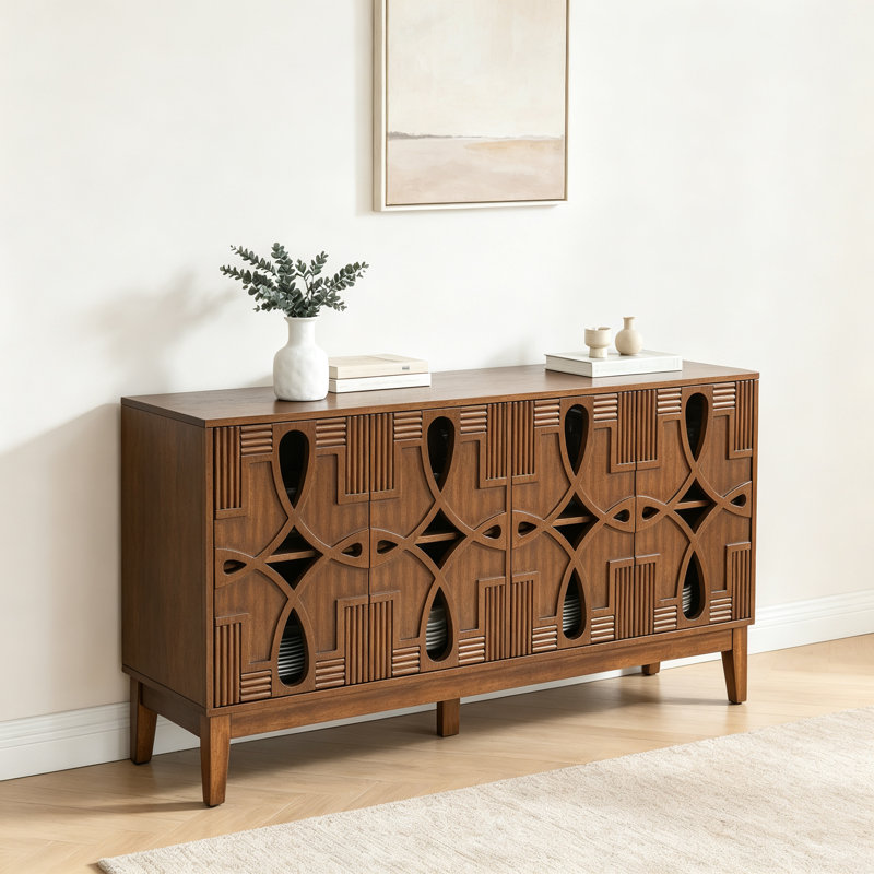 Buffet 60,5 "Mid Century Modern Buffet avec rangement, meuble télé, armoire de rangement avec 4 portes et tablettes réglables pour la cuisine, la salle à manger, le vestibule, le noyer
