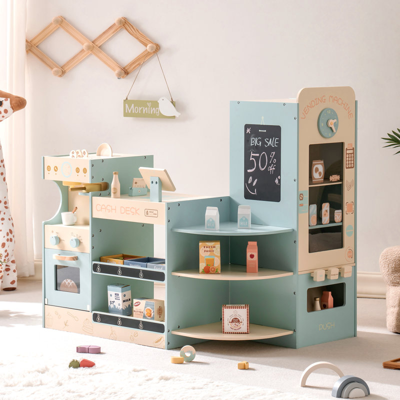 Ensemble de jeu en bois avec station de caisse automatique, ensemble de cuisine préscolaire, cafetière