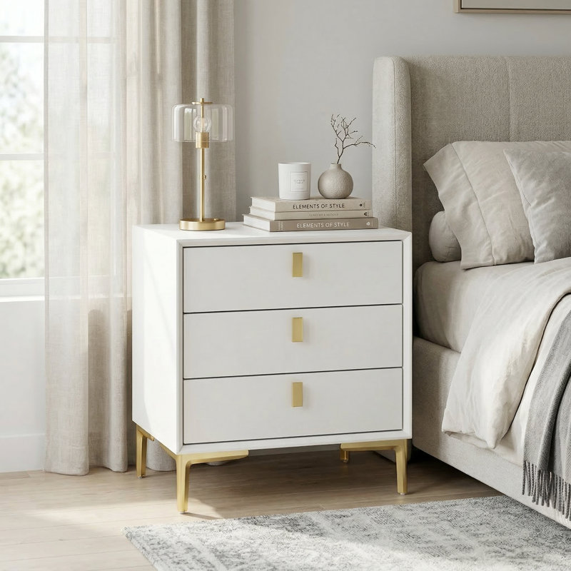 21.3" Tall Modern Nightstand, 19.6'' Wide White Bedside Table W/3 Storage Drawers