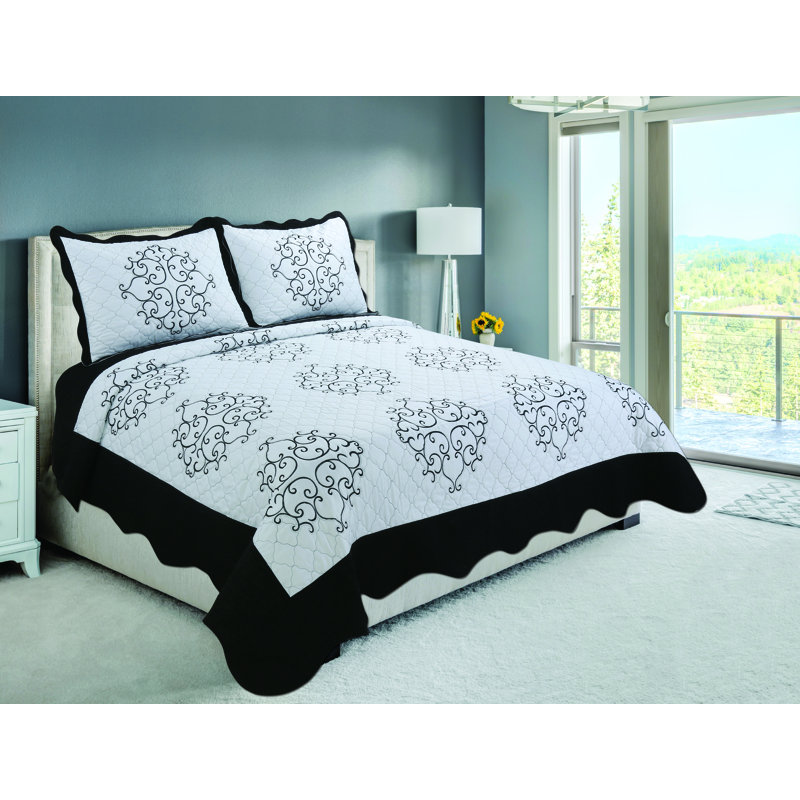 Ensemble de courtepointe réversible brodée , Courtepointe pour lit grand + deux taies décorati, Noir