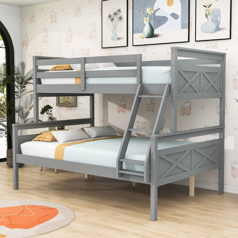 Lit superposé en bois avec échelle, lit superposé simple au dessus d'un lit double, gris