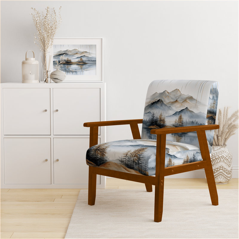 Chaise rembourrée Lake Mountains - Chaise élégante avec accoudoirs Mountain Lake Reflection, Brown Square Arms