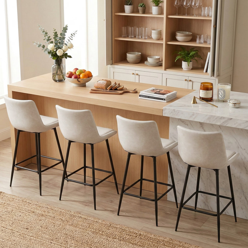 Pu Leather Upholstered Counter & Bar Stool Set Of 4 With Metal Legs, Beige