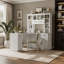 Bureau d'ordinateur en L, finition blanche, 2 armoires, 2 tiroirs et 11 tablettes, avec prise de courant-133655179