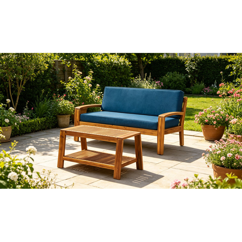 Ensemble de conversation d'extérieur en bois d'acacia 2 pièces - Causeuse de patio et table basse avec coussins résistants à l'eau