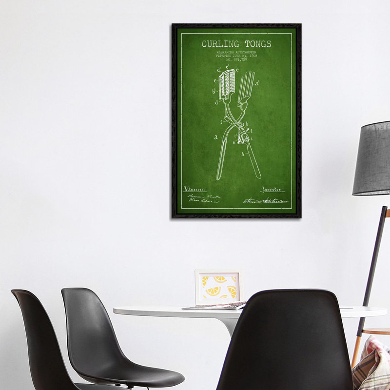 Curling Tongs Green Patent Blueprint by Aged Pixel - Gallery-Wrapped Canvas Giclée on Canvas, Black Framed
