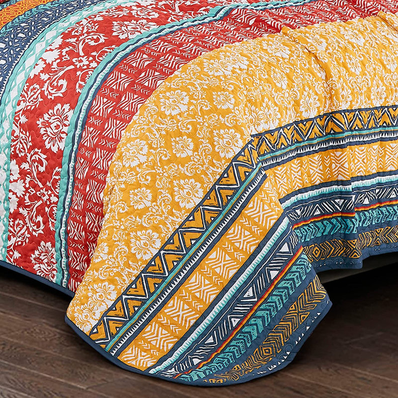 Queen Multicolor Microfiber Bohemian Floral Stripe Quilt Set