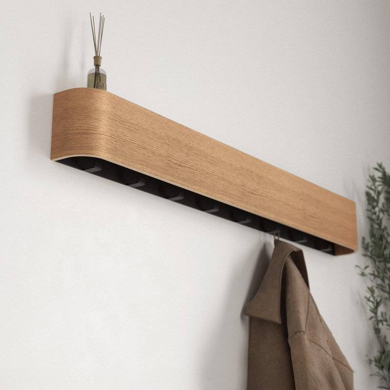 Wall-Mounted Coat Rack  - Modern Design Coat Rack With Hidden Wall Hooks - Solid Wood Veneer Panel Coat Hanger - Oak, Oak
