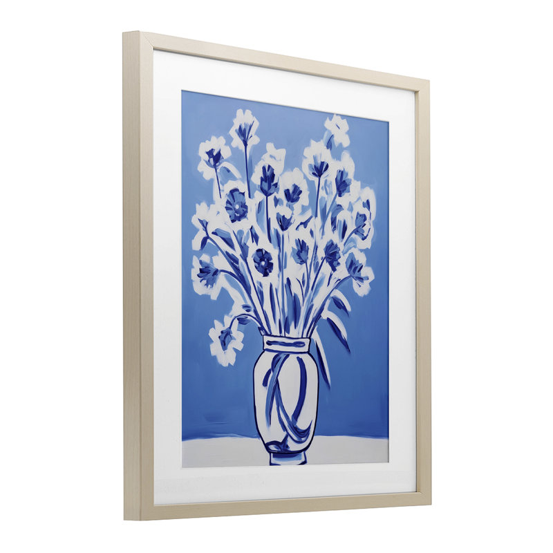 «Blue & White Contrast Flowers», reproduction encadrée sous verre encadrée de lettres et de lignes, Cadre de récolte en pin