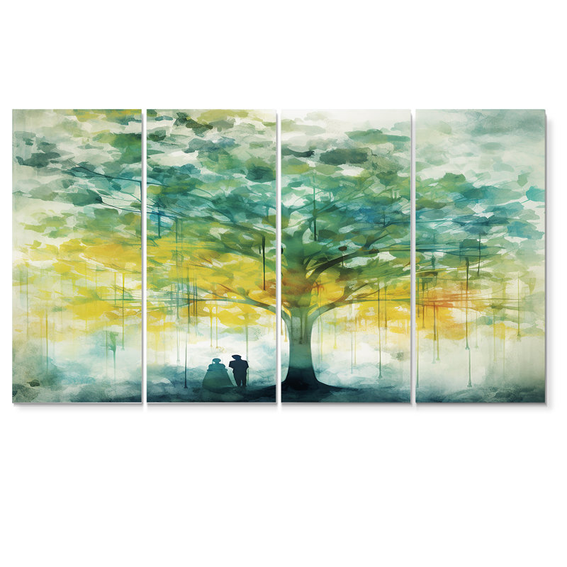 «Alone By The Majestic Tree Vintage Grunge», art mural en chêne sur toile, 4 pièces, H 28 po x l 48 po