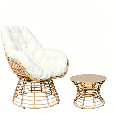 Ensemble de chaises pivotantes d'extérieur 2 pièces avec table d'appoint, méridienne en osier à 360 ° avec coussin, ensemble de conversation toutes saisons pour porche de jardin