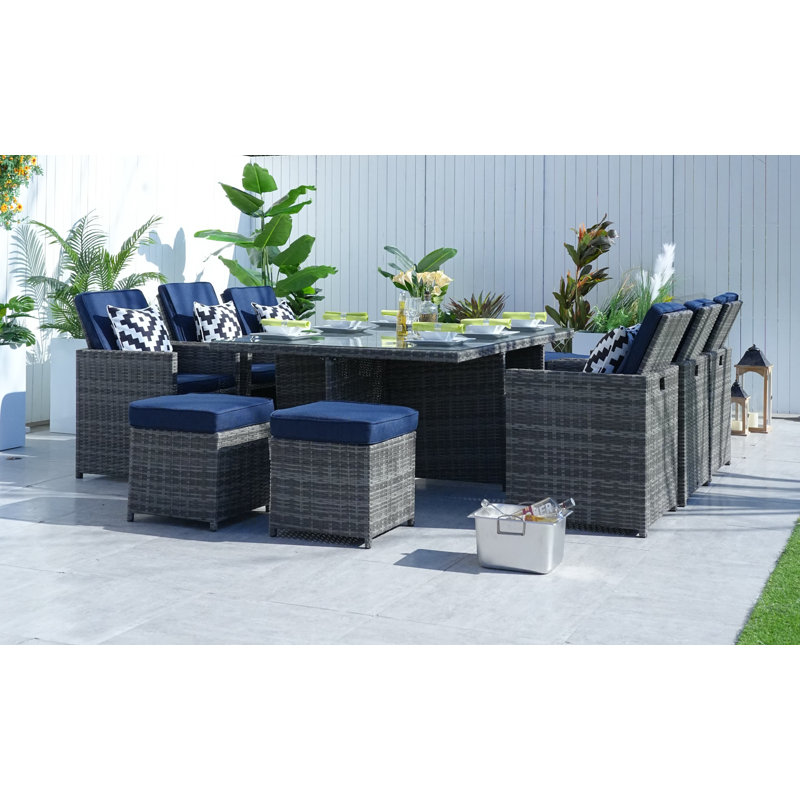10 - Person Metal Patio Dining Set with Rectangular Table , Cushions Included, Gray, Navy