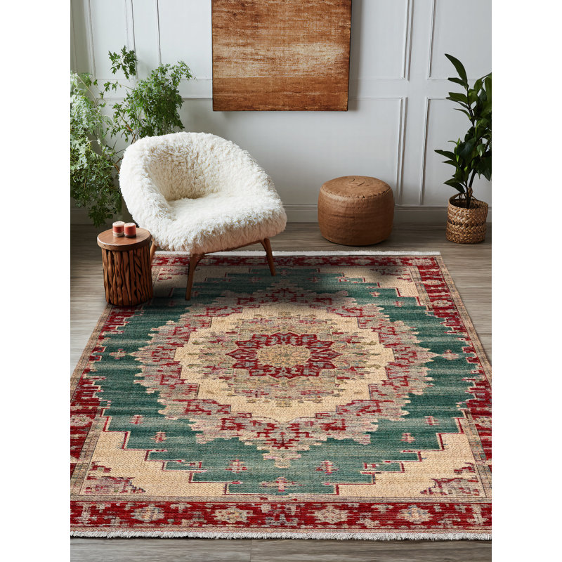 Otto Burgundy Green Beige Oriental Machine Printed Cotton Polyester Area Rug, Runner 4' x 13'2"
