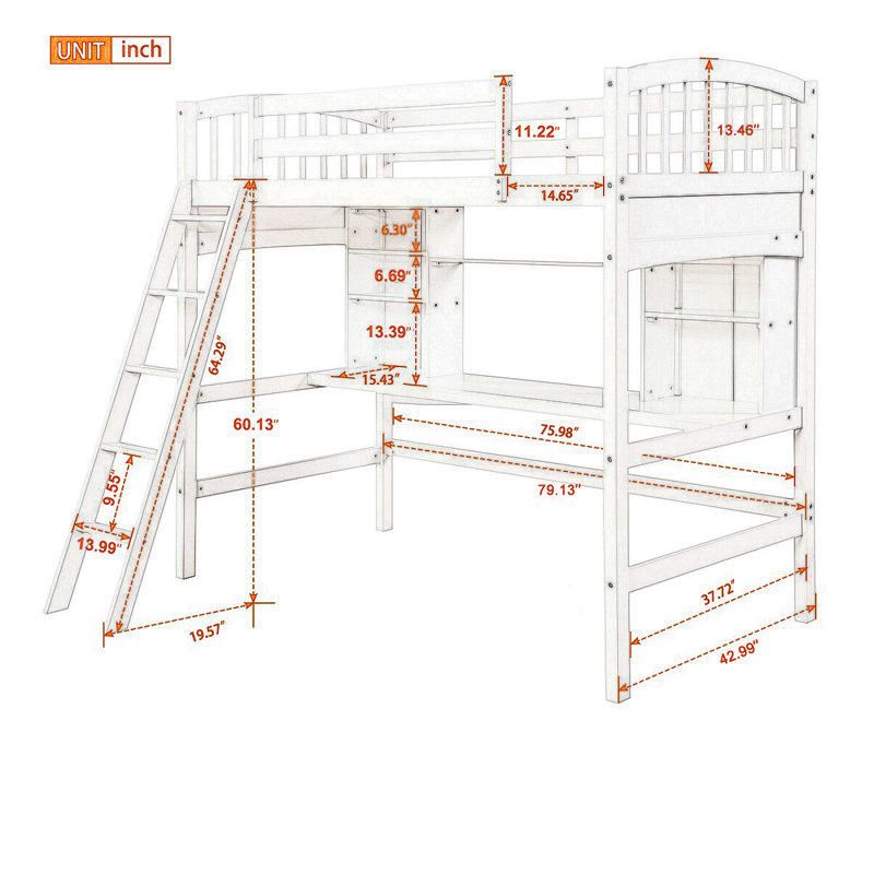 Lit mezzanine simple en bois massif avec bibliothèque Eztli par Harriet Bee, Blanc
