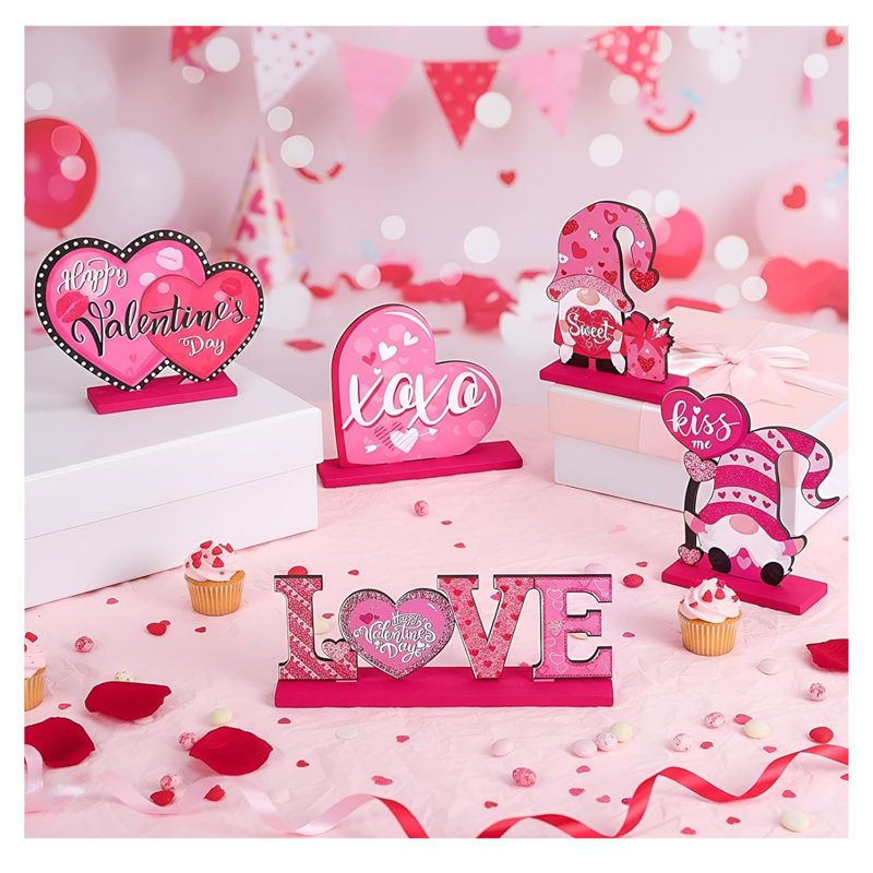 Ensemble de 5 décorations de table en bois rose pour la Saint-Valentin