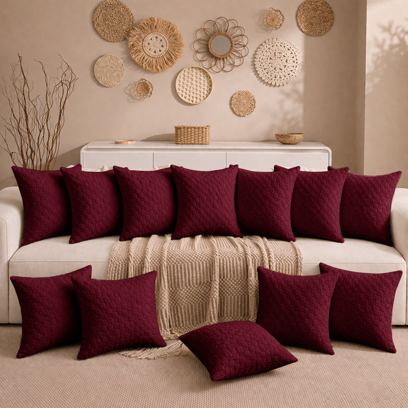Aspire Homeware Embossed Square Velvet Cushion Covers, Pack of 12, BURGUNDY