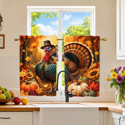 2Pcs Thanksgiving Turkey Curtains, festive autumn forest theme, pumpkins, sunflowers and maple leaves, light filtering privacy, rod pocket design, for living room, bedroom, holiday decor