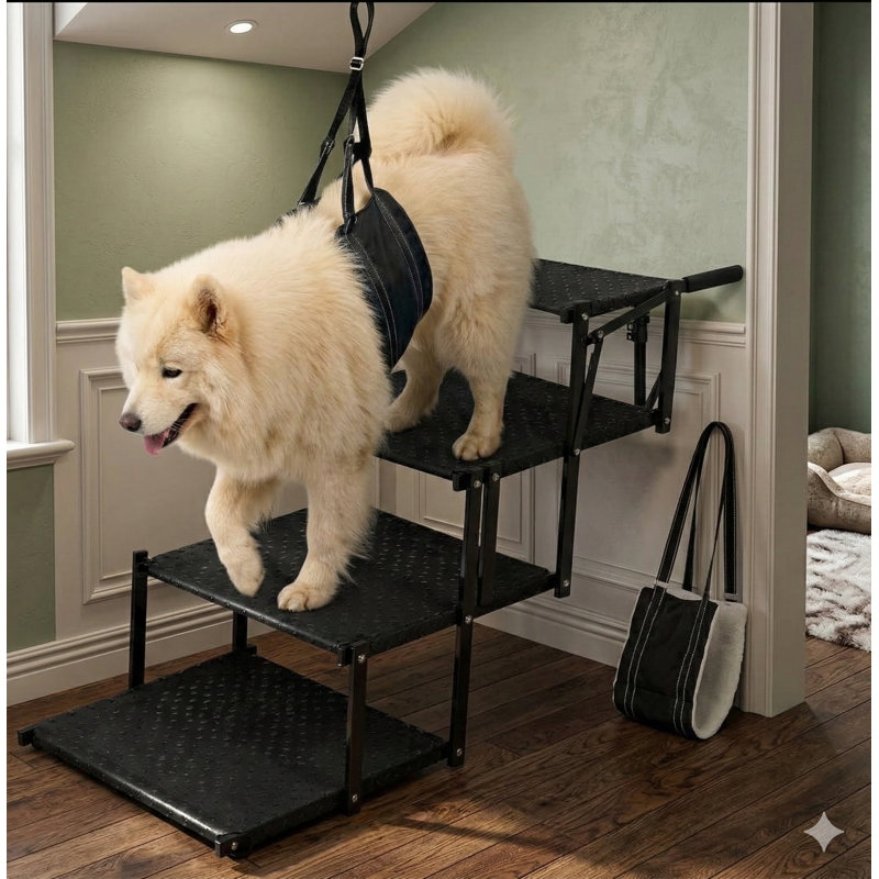 Escalier pliable en cinq étapes pour les grands chiens, conçu pour l'accès aux véhicules, supportant jusqu'à 200 lb, surface de tapis antidérapante, comprenant un harnais de levage XL, adapté aux camions et aux VUS