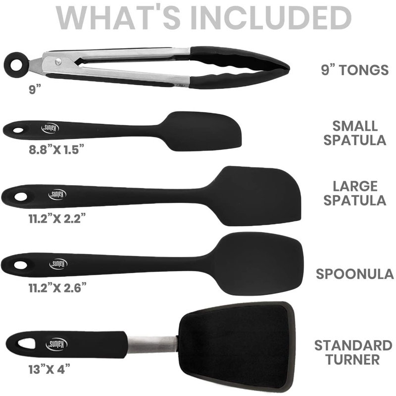 Ensemble d'ustensiles de cuisine en silicone 5 pièces Kaluns avec noyau en acier inoxydable - 3 spatules, 1 tournevis et pince de 9 po, résistant à la chaleur 600 ° F, antiadhésif et compatible avec les ustensiles de cuisine