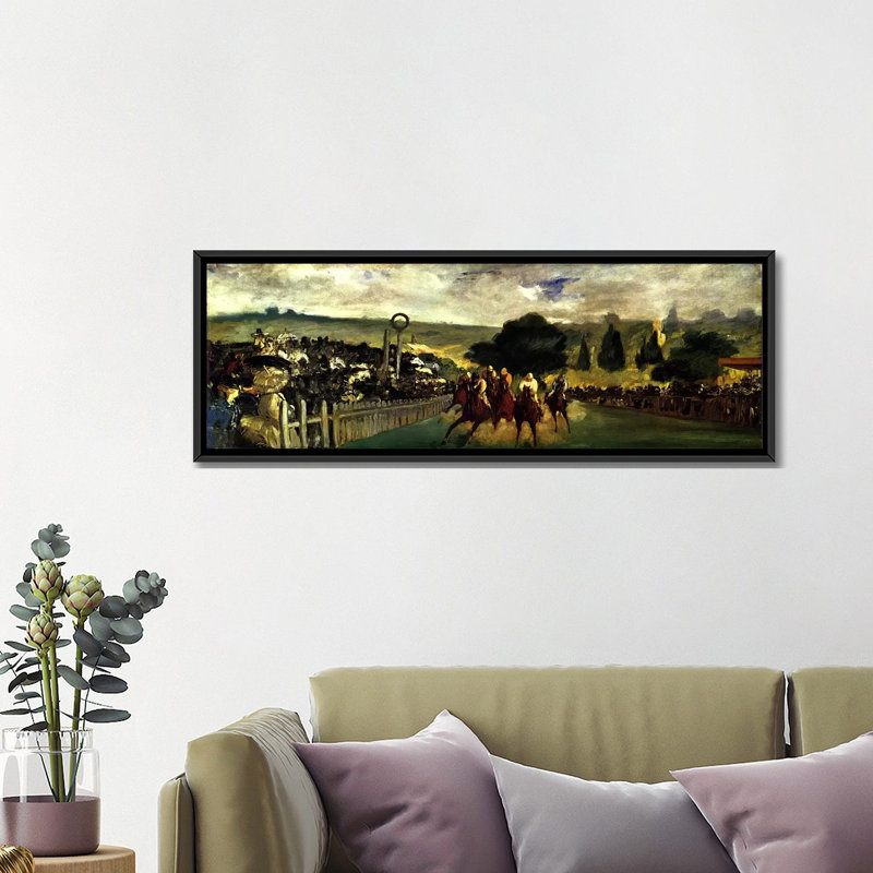 Reproduction d'art sur toile, "Races at Longchamp" par Edward Manet, H 12 po x l 36 po x P 1,5 po, Cadre noir