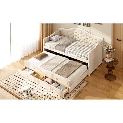 Lit de jour simple avec lit gigogne et 2 tiroirs, lit tapissier beige, peu encombrant pour la chambre à coucher, structure ferme, poids de 400 lb, chambre d'amis, contreplaqué de pin