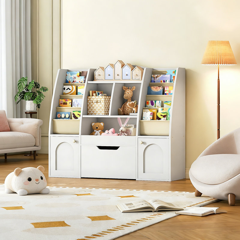 47.2"L X 11.8"W X 39.7"H Kids Bookcase, Toy Storage Organizer, With 1 Wheeled Drawer, 2 Cabinets, 4 Fabric Sling Bookshelves On Both Side & Open Shelves, For Books And Toys, For Bedroom