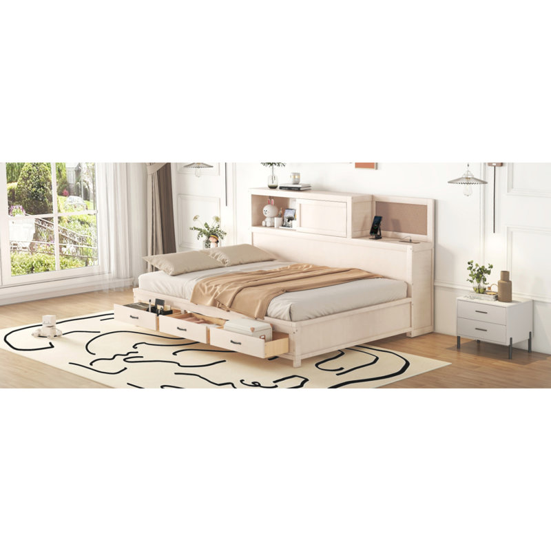 Full Size Wooden Daybed With 3 Storage Drawers, Upper Soft Board, Shelf, And A Set Of Sockets And USB Ports, White, White
