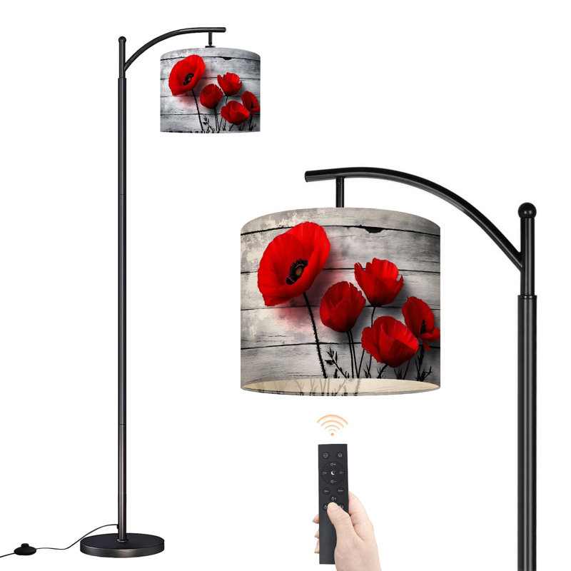 Lampe sur pied à arc avec abat-jour réglable rouge, noir, gris, cadeau de décoration, lampe sur pied à motif floral minimaliste en bois, 3 couleurs, intensité variable, haut, poteau avec interrupteur au pied pour la chambre à coucher