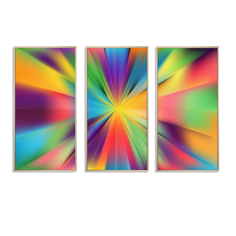 «Bright and Colorful Radial Rays», impression sur toile flottante 3 pièces, H 28 po x l 36 po x P 1 po, Cadre brun