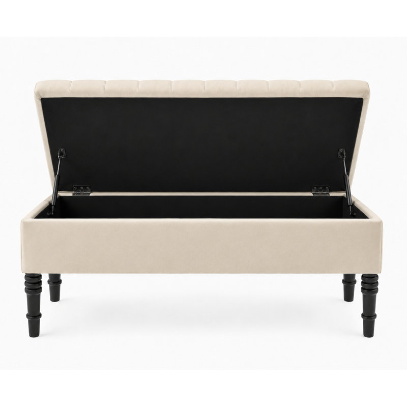 Cubed Tufted Rectangle Ottoman Storage Bench, Upholstered Plush Velvet Shoe Bench with Black Turned Wooden Legs, Cream Plush