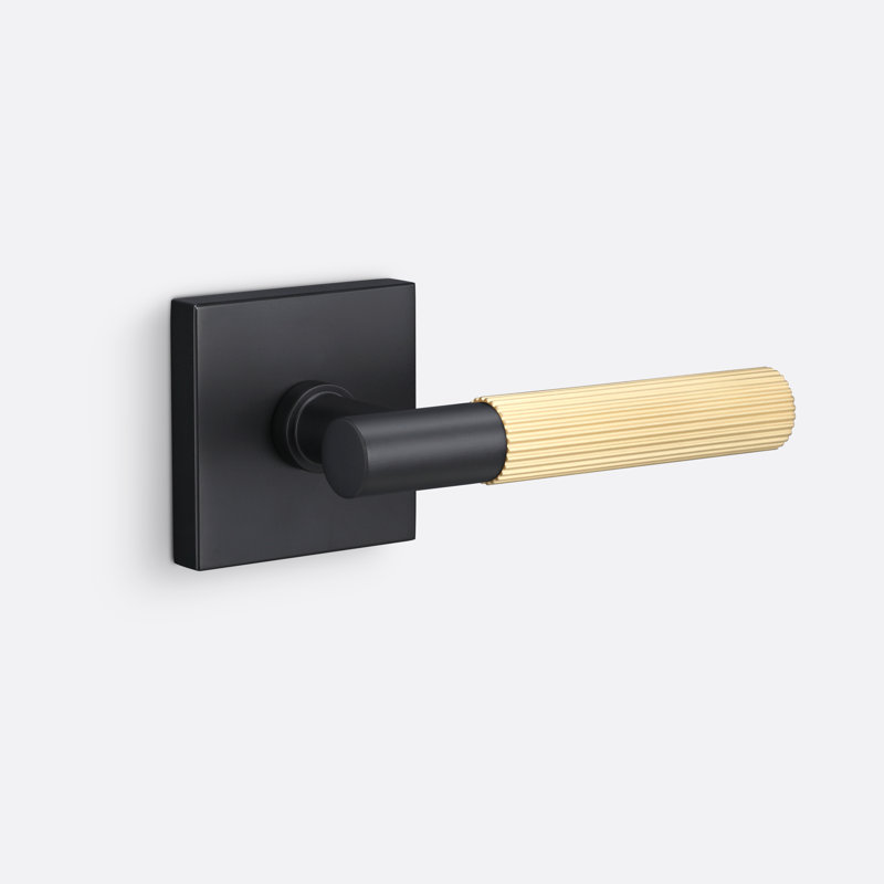 Fausse rosette carrée Aspra, poignée droite moletée, Noir mat / laiton satiné, Double Dummy