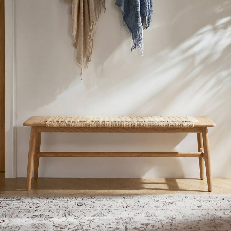 Solid Oak Wood Bench With Woven Seat, Oak/White,  15.98" H x 31.5" W x 11.81" D