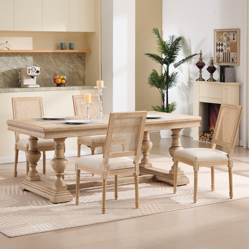 De 2 chaises de salle à manger de style français démontables, tissu beige, en coton et en lin, dossier carré naturel, structure en bois massif, apparence de dessin au fil rétro, revêtement beige rétro, structure,