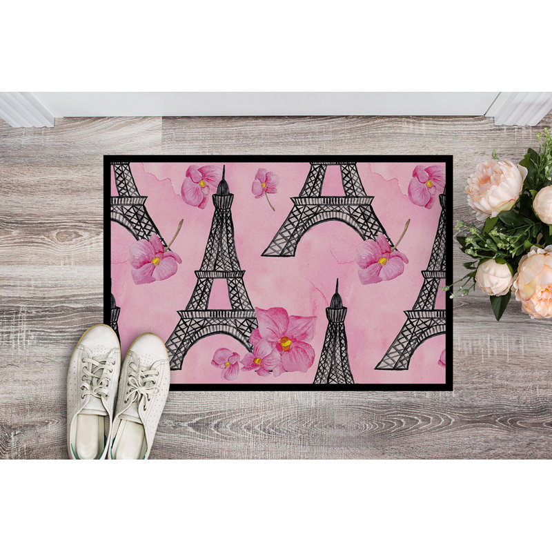 Tapis de porte d’extérieur anti-dérapant à fleurs et à la tour eiffel Ulysses, H 0,25 po x l 27 po x P 18 po