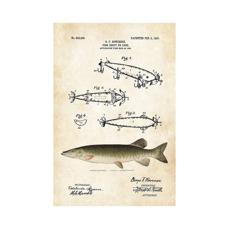 Bless international Antique Fishing Lure On Canvas by Patent77 Print