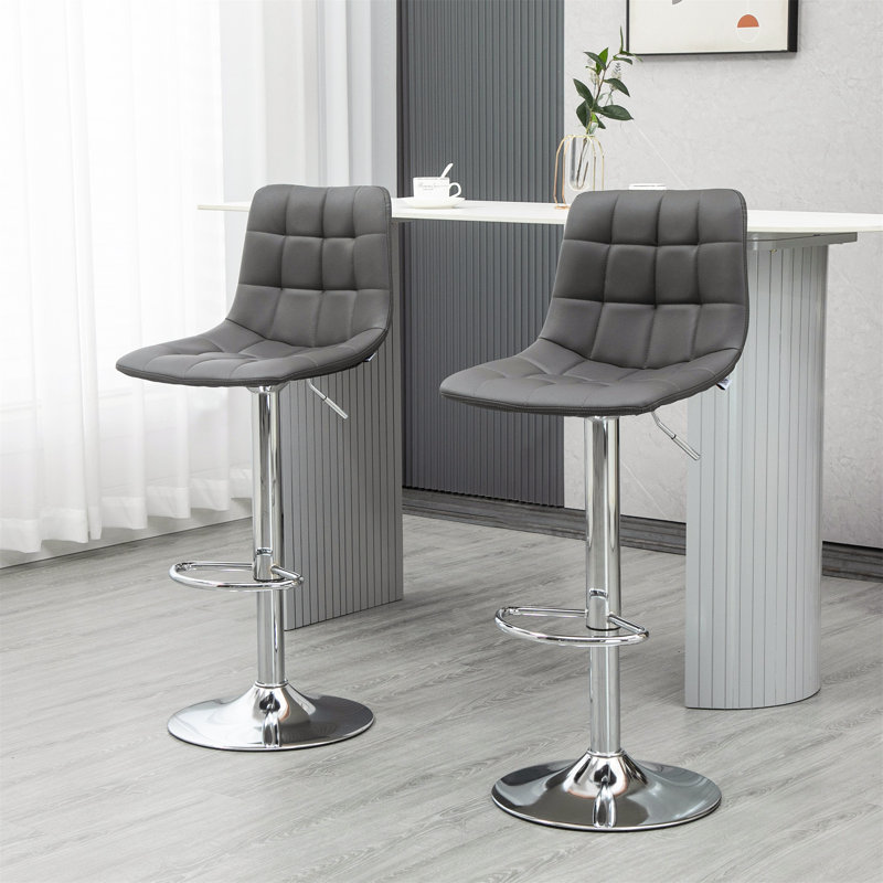 Liniyah Swivel Upholstered Adjustable Height Bar Stool with Steel Frame, Silver, Grey