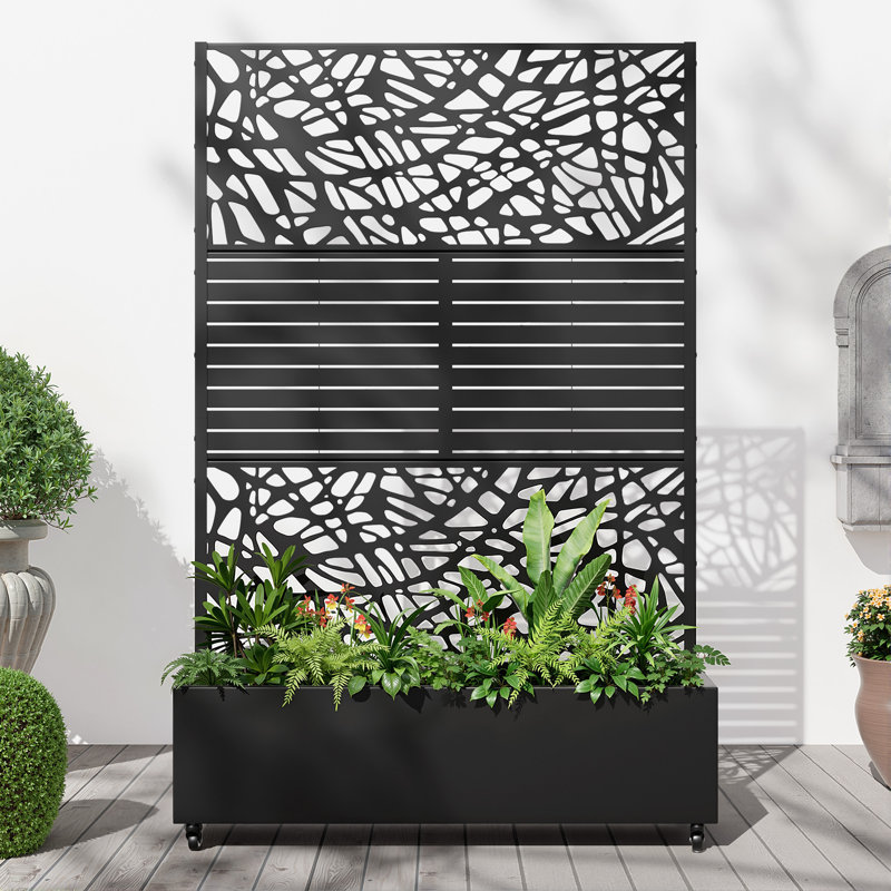 Support pour plante en fer noir avec roues - H 73 po x P 16 po x L 47 po, conception modulaire autoportante, ensemble 1 pièce
