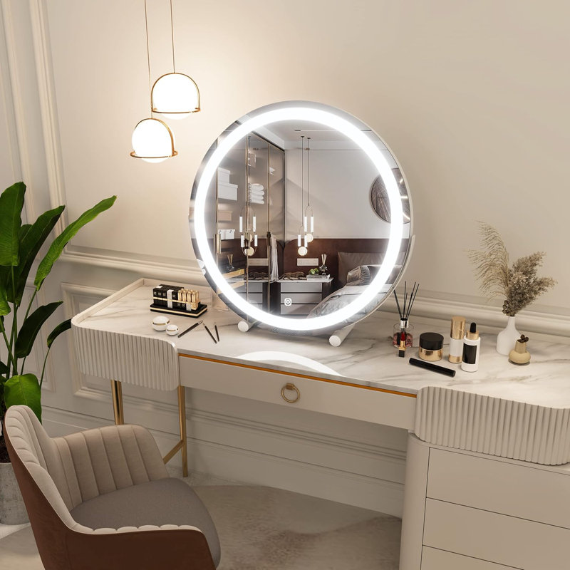 Grand miroir de meuble-lavabo à DEL de 18 pouces avec lumières, miroir de maquillage rond à écran tactile avec éclairage 3 couleurs à intensité variable, luminosité réglable pour le bureau et la chambre à coucher