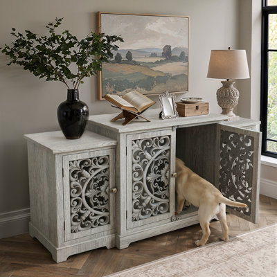 Arden Vintage Furniture Dog Crate Cabinet, 72" Carved Door Pet Kennel for Small & Medium Dogs