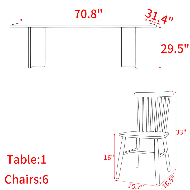 Ensemble de table de salle à manger en bois massif de style nordique, H 29,5 po x L 70,8 po x l 31,4 po